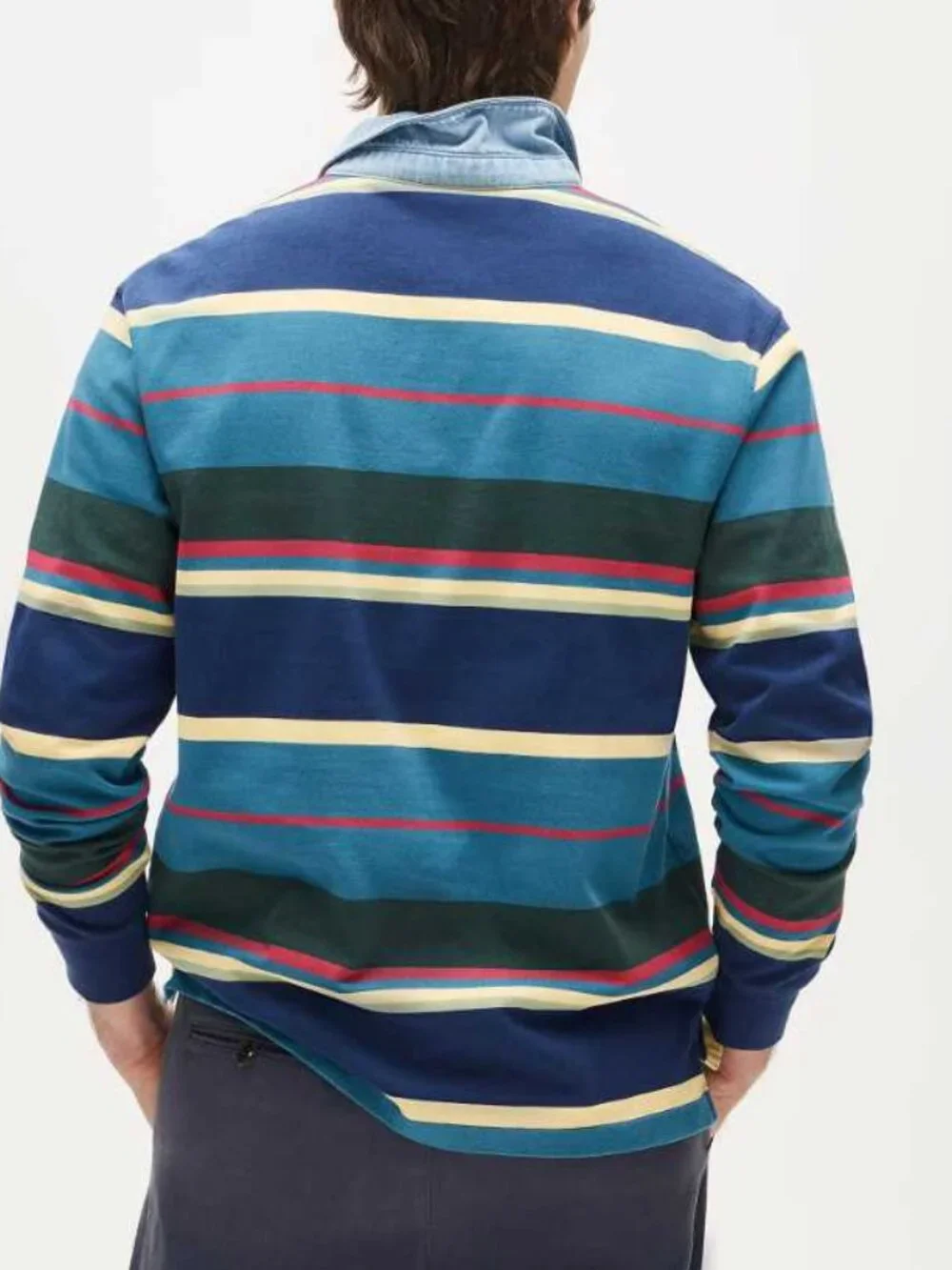 New L J.Crew Rugby longsleeve polo shirt in stripe with denim collar